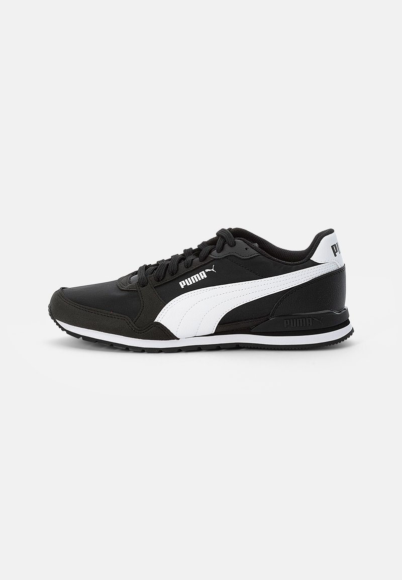 Black athletic shoe with white accents, featuring a smooth leather and mesh upper, round toe, laces, and a textured rubber sole.