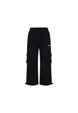 Pantaloni jogger neri in morbido tessuto, con vita regolabile con coulisse, tasche cargo sui lati e polsini alla caviglia regolabili.