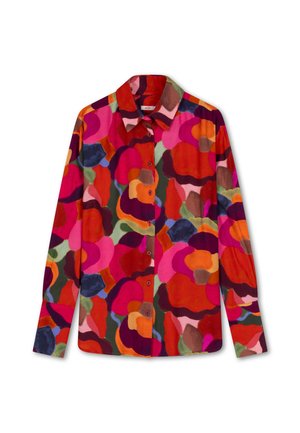 Langarmshirt van zachte stof met een levendig bloemenpatroon in rode, roze, groene, blauwe en bruine tinten; knoopsluiting met één knop.