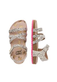 Witte en zwarte gevlekte sandalen met meerdere banden, roze rubberen zolen en een gelijnde kurken voetbed met gouden vlinderprints.