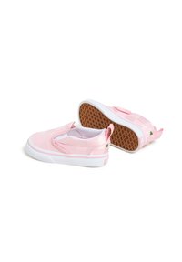 Scarpe slip-on rosa chiaro con tomaia in tessuto testurizzato, suola in gomma bianca e suola esterna marrone a motivo waffle. Presenta un piccolo logo verde.