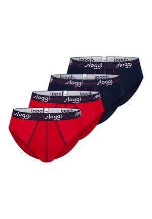 Vier Herren-Slips in Rot und Marineblau mit kontrastierender Naht und elastischen Bundabschlüssen, die mit dem weißen Schriftzug "sloggi" gebrandet sind.