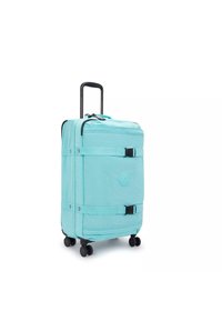 Turquoise wheeled suitcase with a fabric exterior, black handle, and four wheels. Features two straps with buckles and a logo in the center.