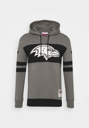 Gray hooded sweatshirt with black chest stripe featuring a stylized white eagle logo, black stripes on sleeves, and drawstrings on hood.