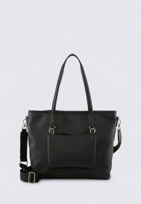 Borsa tote in pelle nera con due manici superiori, tracolla regolabile e tasca frontale con zip. Superficie testurizzata, design minimalista.