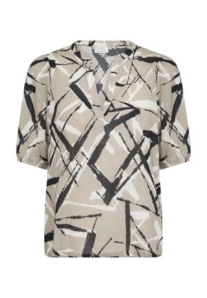 Beige top with a V-neck, short sleeves, and an abstract black and white pattern. Made of lightweight fabric with a relaxed fit.
