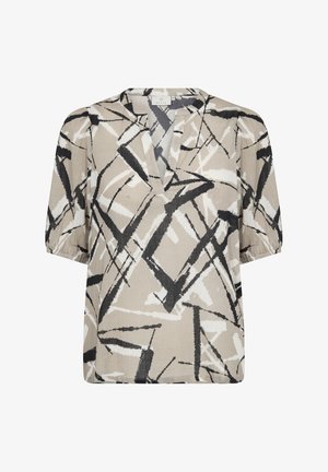 Beige top with a V-neck, short sleeves, and an abstract black and white pattern. Made of lightweight fabric with a relaxed fit.