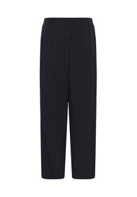 Pantalon noir taille élastique à jambes droites avec une coupe décontractée, réalisé en tissu léger, présenté sur fond blanc.