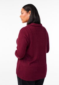 Maglione a coste color bordeaux con colletto, dotato di maniche lunghe e un motivo testurizzato, mostrato da dietro su uno sfondo bianco.