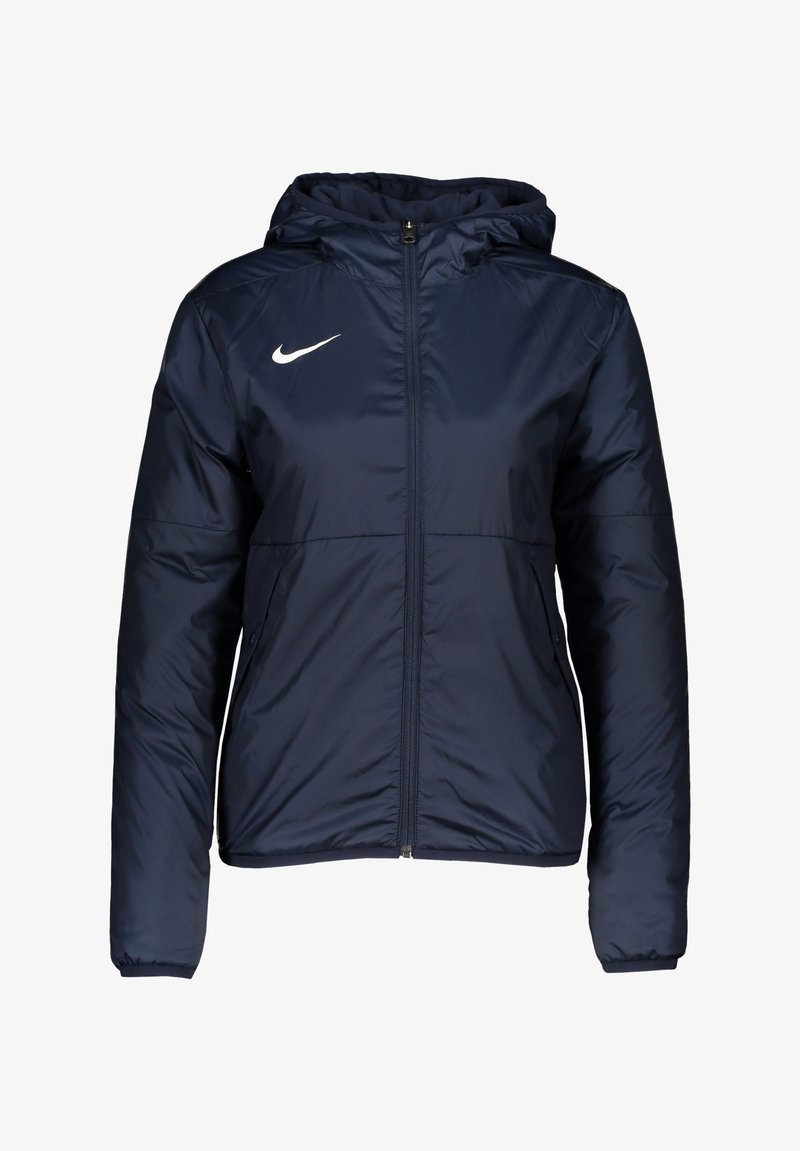 Dunkelblauer Steppjacke mit Reißverschluss, Kapuze und weißem Nike-Logo auf der linken Brust; verfügt über elastische Bündchen und eine glatte Textur.