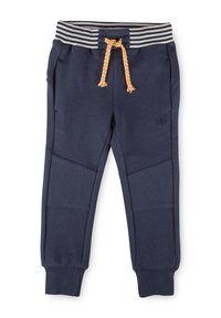 Marineblaue Jogginghosen mit einem gestreiften elastischen Bund, orangefarbenem Kordelzug, Seitentaschen und strukturierten Kniepartien.
