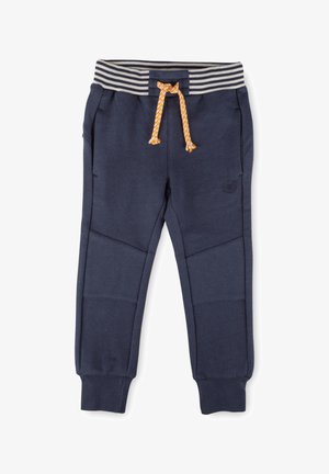 Navy blue sweatpants with a striped elastic waistband, orange drawstring, side pockets, and textured knee panels.