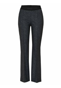 Dunkelgraue Hose aus softem, strukturiertem Stoff, mit einem schwarzen elastischen Bund und subtilen grünen Nähten an den Seiten. Bootcut-Design.