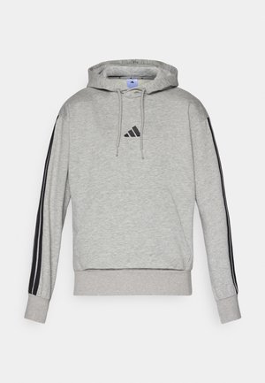 Grauer Kapuzenpullover mit schwarzen Streifen an den Ärmeln, Logo auf der Vorderseite, Kordelzug und gerippten Bündchen und Saum. Hergestellt aus einem weichen, strukturierten Material.