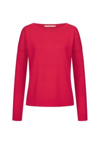 Red long-sleeve sweater with a relaxed fit, scoop neckline, and soft texture. Features dropped shoulders and a straight hem for a casual look.