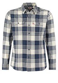 Geruite langärmige shirt in navyblauw en wit. Gemaakt van katoen met een button-down kraag en twee borstzakken. Het heeft contrasterende patronen.