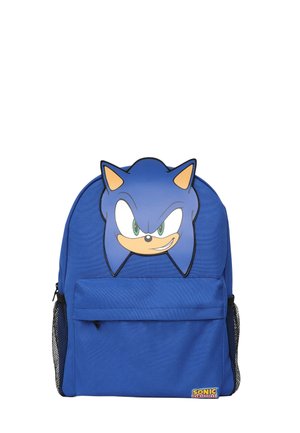Zaino blu con tasca frontale, tasche laterali in rete e grande grafica del volto di Sonic the Hedgehog sulla parte anteriore superiore.