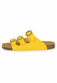 Yellow sandal with three adjustable straps and silver buckles. Textured insole with cork detail, white rubber outsole, open design.