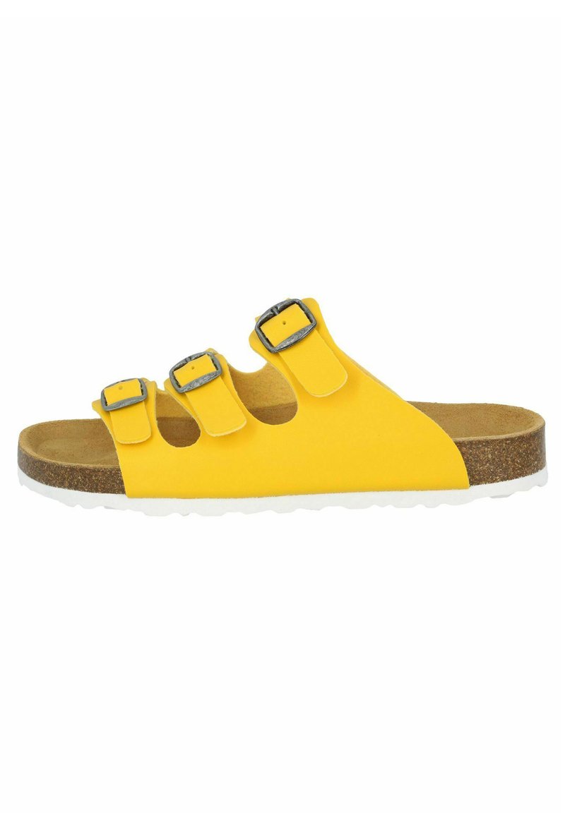 Yellow sandal with three adjustable straps and silver buckles. Textured insole with cork detail, white rubber outsole, open design.
