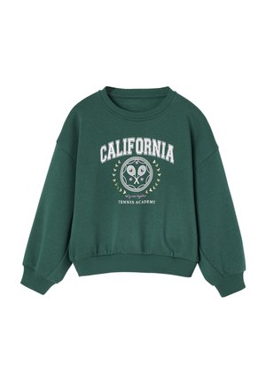 Grüner Sweatshirt mit einem Grafikdesign, das den Text "California" und Tennis-Motive zeigt. Ribbed Rundhalsausschnitt und Bündchen, verkürzter Schnitt.