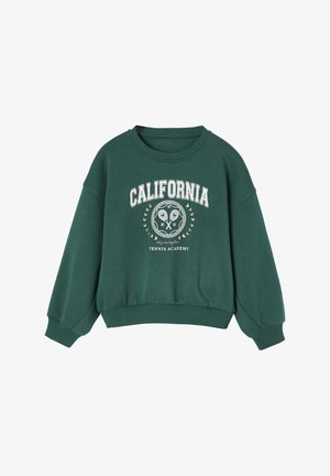 Green sweatshirt featuring a graphic with "California" text and tennis motifs. Ribbed crew neck and cuffs, cropped design.
