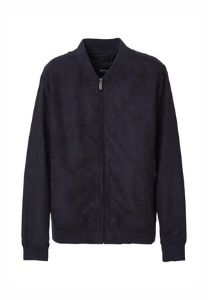 Giacca bomber della marina realizzata in morbido materiale simile alla pelle scamosciata. Presenta una chiusura con zip frontale, polsini a coste e un design semplice e pulito senza ulteriori dettagli decorativi.