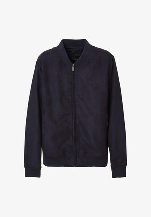 Giacca bomber della marina realizzata in morbido materiale simile alla pelle scamosciata. Presenta una chiusura con zip frontale, polsini a coste e un design semplice e pulito senza ulteriori dettagli decorativi.