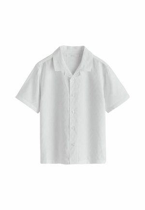 Chemise blanche à manches courtes avec col et boutons devant, en tissu léger.