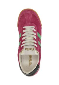 Sneaker featuring a pink suede upper with green and black accents, white laces, gold "Gola" logo, and a gum rubber sole.