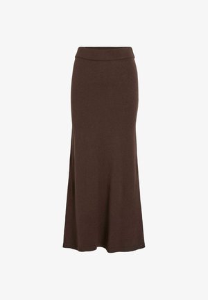 Ruskea, pitkä neulottu hame, jossa on istuva vyötärö ja pieni leveneminen helmassa, esitelty valkoisella taustalla.