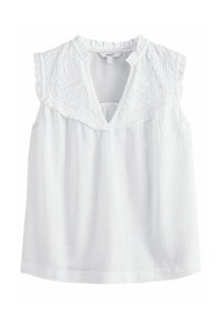 Blouse sans manches blanche avec des broderies au niveau du col, en tissu texturé, et une coupe décontractée. Présente une découpe en forme de V.
