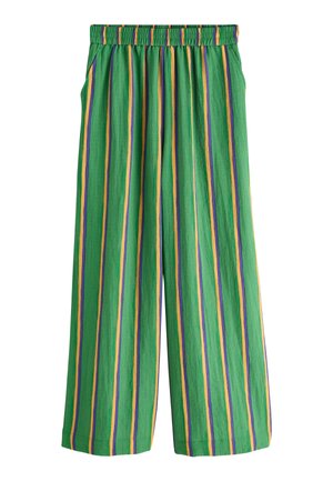 Green elastic-waist pants with vertical stripes in yellow, purple, and blue, featuring a loose, wide-leg fit.