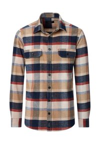 Kariertes langärmeliges Hemd in Beige, Blau und Rot. Aus Flanell gefertigt, mit zwei Brusttaschen, Knopfverschluss und abgerundetem Saum.
