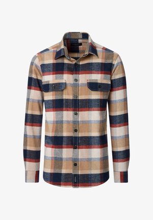 Kariertes langärmeliges Hemd in Beige, Blau und Rot. Aus Flanell gefertigt, mit zwei Brusttaschen, Knopfverschluss und abgerundetem Saum.