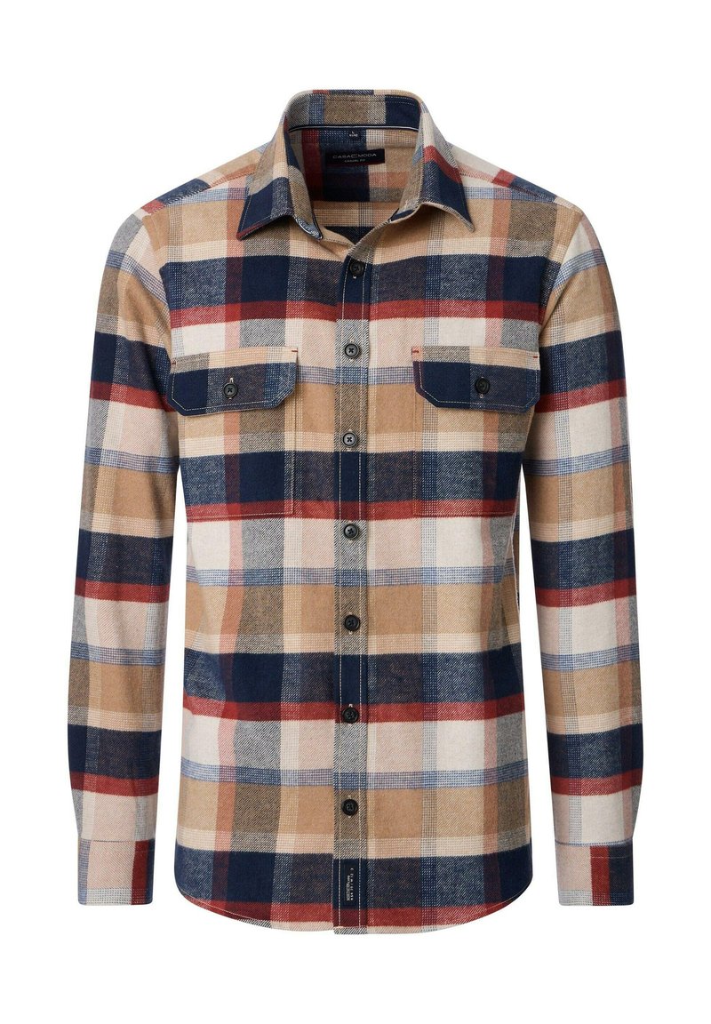 Kariertes langärmeliges Hemd in Beige, Blau und Rot. Aus Flanell gefertigt, mit zwei Brusttaschen, Knopfverschluss und abgerundetem Saum.