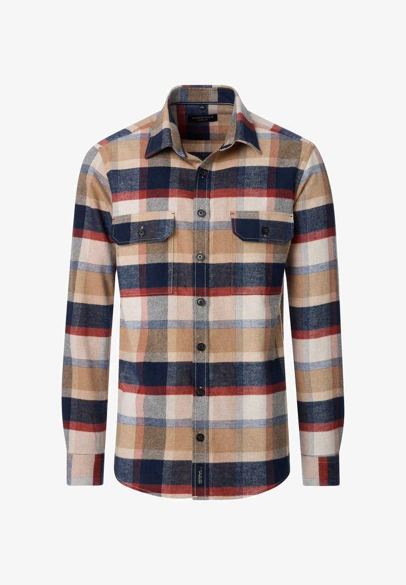 Kariertes langärmeliges Hemd in Beige, Blau und Rot. Aus Flanell gefertigt, mit zwei Brusttaschen, Knopfverschluss und abgerundetem Saum.