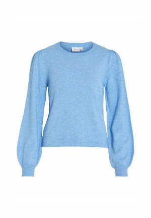 Lichtblauwe pullover sweater van zacht breikatoen, met een ronde halslijn en lange pofmouwen met ribgebreide manchetten.