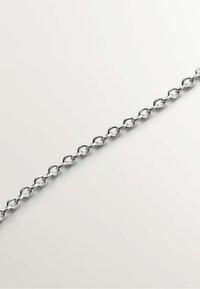 Cadena de metal con eslabones ovalados interconectados, acabado plateado reflectante, textura suave, dispuesta plana sobre un fondo claro.