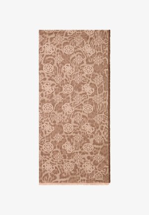 Braun gemustertes Handtuch mit einer Mischung aus kreisförmigen und floralen Motiven. Weiche Textur mit Markenlogo-Akzent in der Ecke. Rechteckige Form.