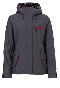 Veste à capuche gris foncé avec fermeture éclair rose sur la poche poitrine, boutons-pression roses sur les poches avant, cordons de capuche réglables et brides aux poignets.