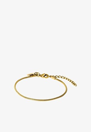 Goldbeschichtetes Armband mit einem glatten, serpentinähnlichen Kettendesign und einem Karabinerverschluss. Verfügt über eine verstellbare Länge mit Verlängerungskette.