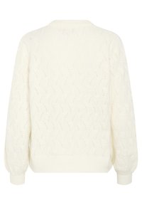White knitted sweater featuring a textured zigzag pattern, ribbed cuffs, and hem. The back is solid with a round neckline.