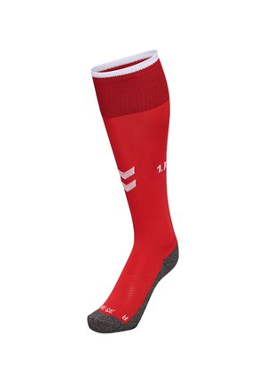 Rote kniehohe Socke mit einfarbigem Design, weißem oberen Bund und grauem verstärktem Zeh. Verfügt über Logo- und Nummerndetails an der Seite.