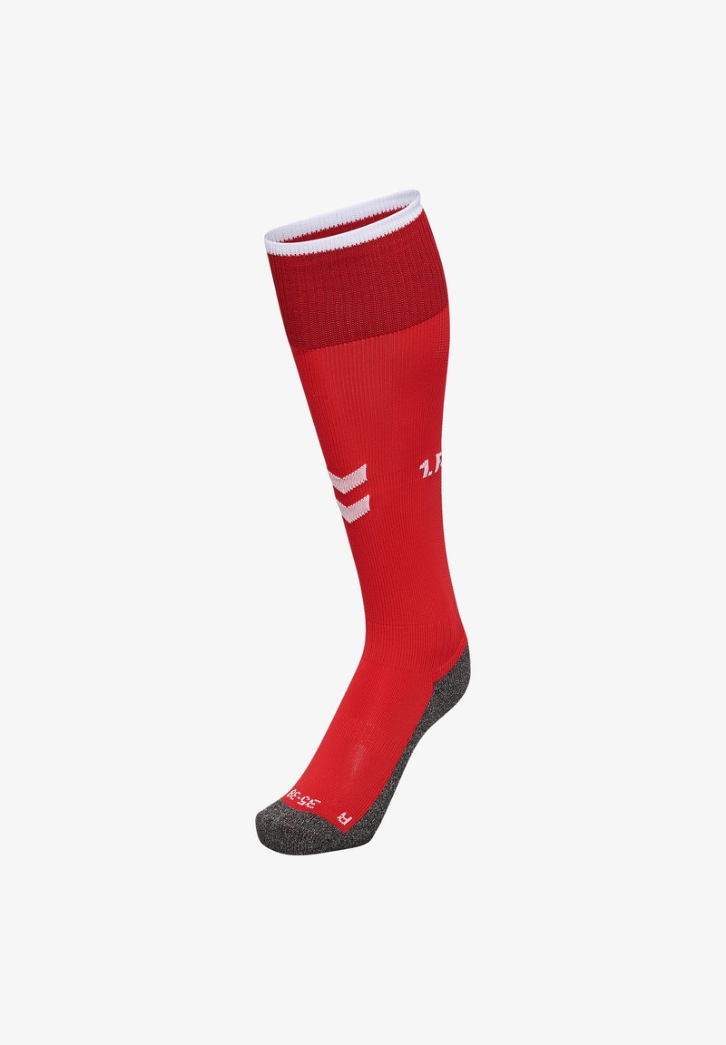 Calza rossa fino al ginocchio con un design a tinta unita, bordo superiore bianco e punta rinforzata grigia. Presenta un logo e dettagli con numero sul lato.