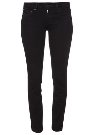Jean slim noir avec fermeture par bouton et zip à l’avant, cinq poches et passants pour ceinture.