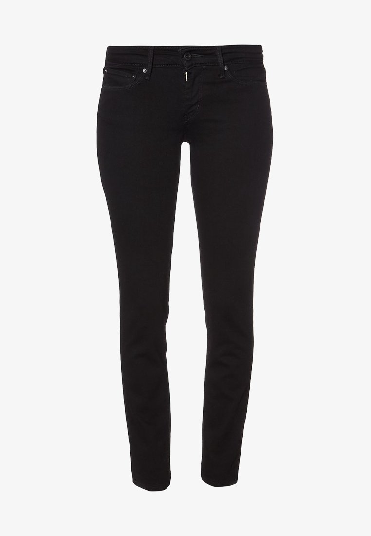 Jean slim noir avec fermeture par bouton et zip à l’avant, cinq poches et passants pour ceinture.