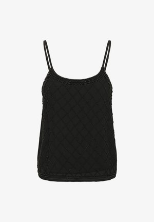 Top in raso nero con spalline sottili, caratterizzato da un design trapuntato decorato con piccoli borchiette per texture e dettagli.