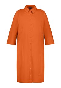 Vestito camicia arancione con colletto, maniche tre quarti e taglio dritto. Realizzato in tessuto morbido e leggero.