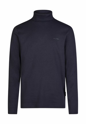 Marineblauwe coltrui met lange mouwen, gemaakt van zachte stof; heeft een klein logo op de borst en een getailleerd design.