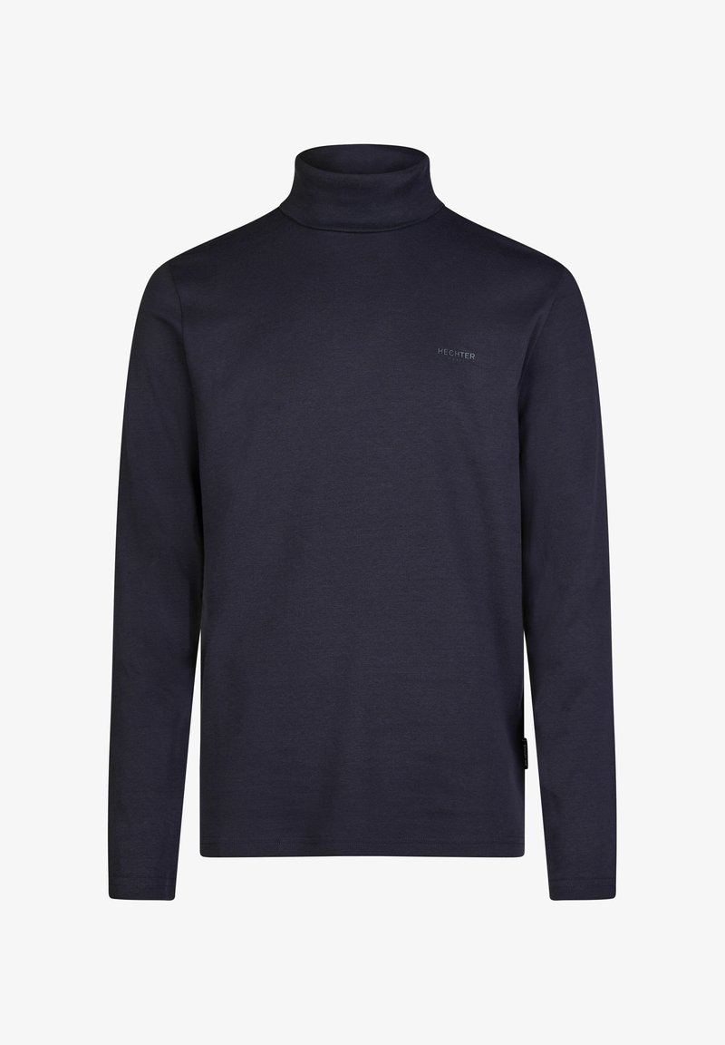 Navyblaues Rollkragenoberteil mit langen Ärmeln aus weichem Stoff; verfügt über ein kleines Logo auf der Brust und hat eine taillierte Passform.